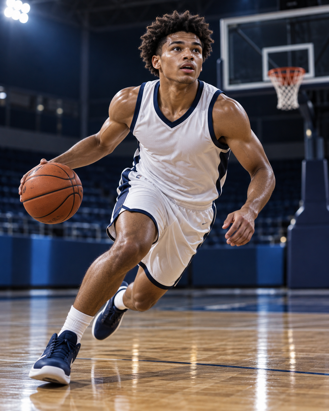 Basketball player driving toward the hoop