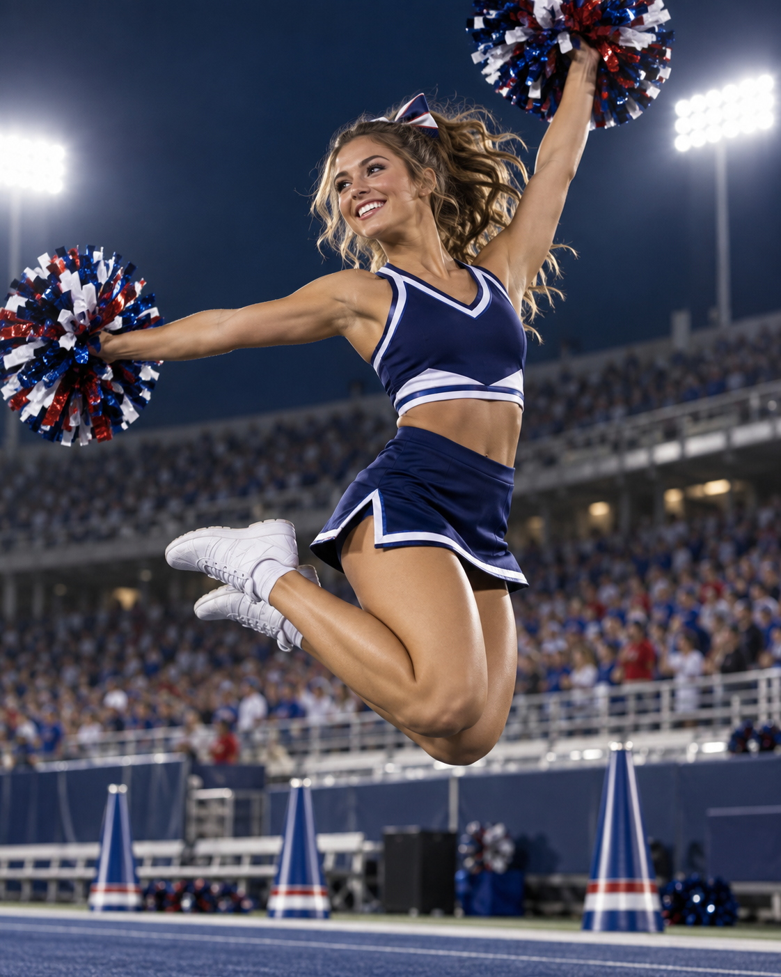 Cheerleader jumping with pom-poms