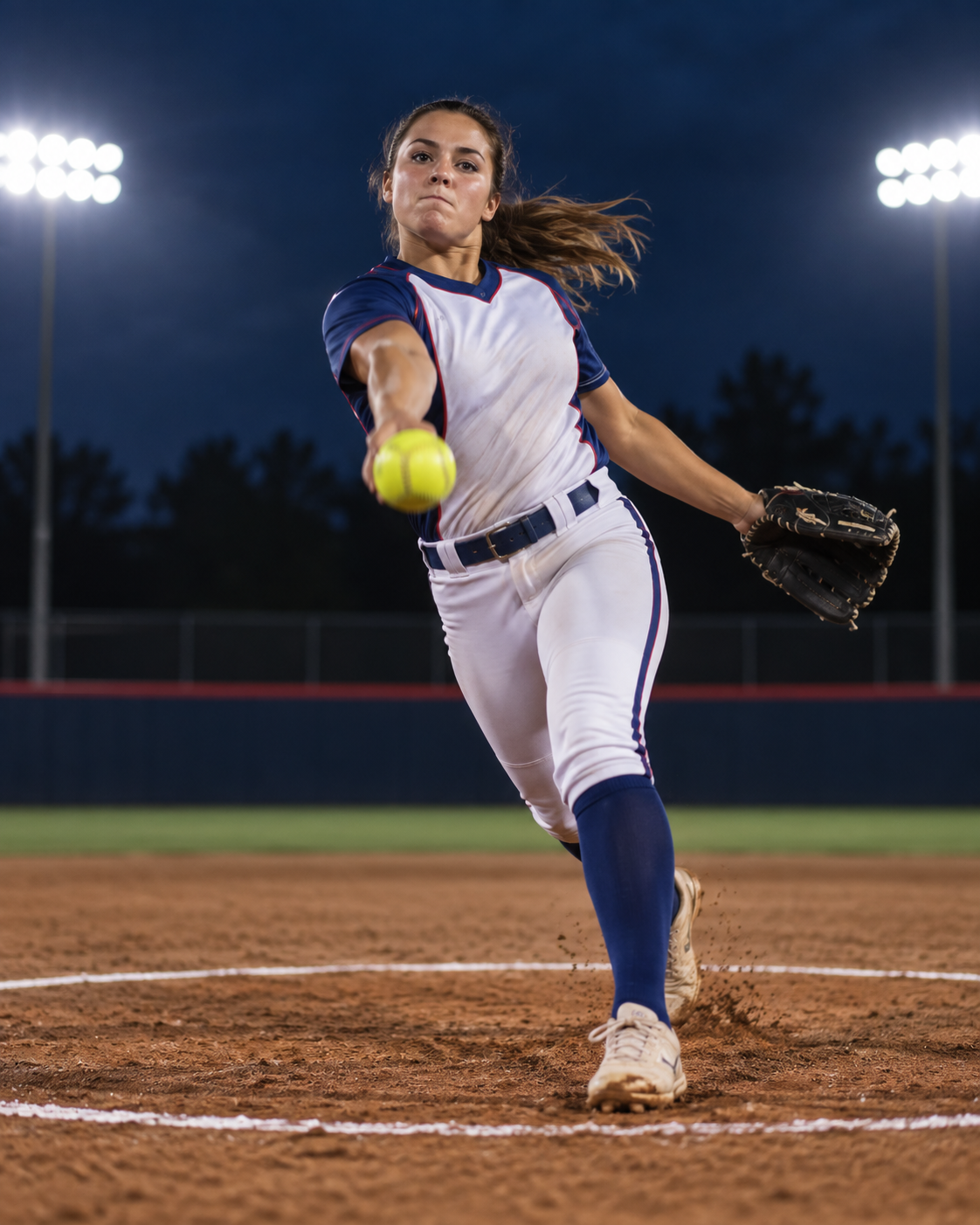 Softball pitcher delivering a fast pitch