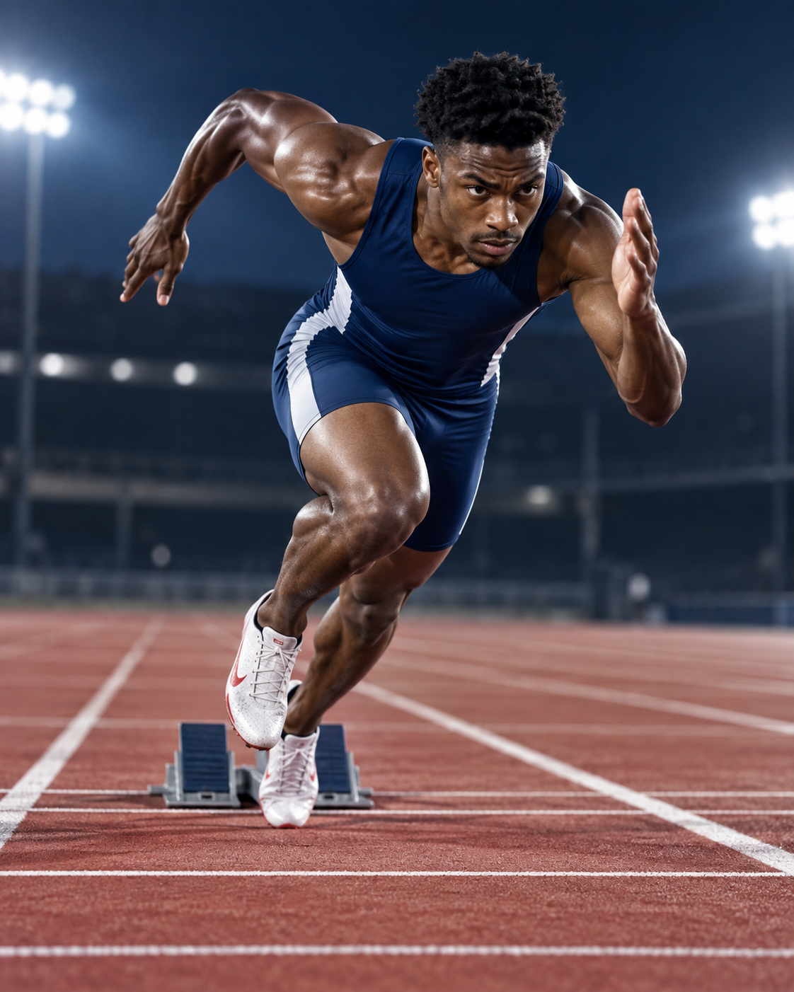 Track sprinter accelerating from the starting blocks